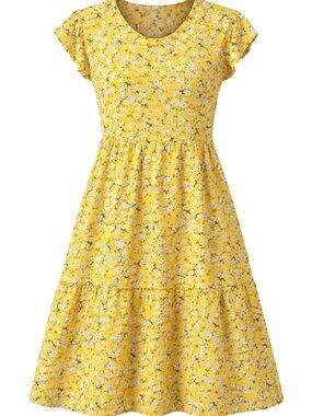Women's Summer Dress Cap Sleeve, YELLOW WHITE, Size Medium